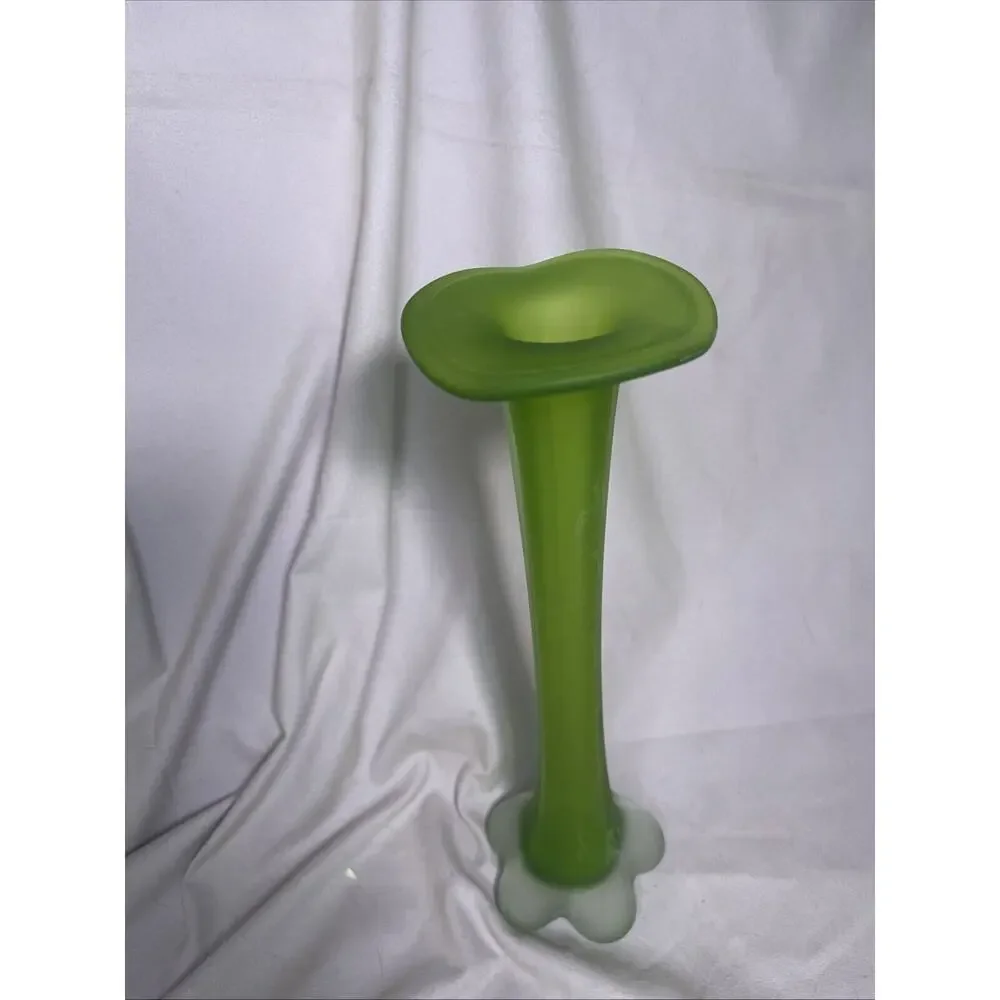 Vintage Frosted Lime Green Tall Art Glass Vase Tulip Shape Floral Clear Base